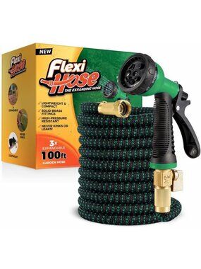 Flexi Hose with 8 Function Nozzle, 100FT - Lightweight Expandable Garden Hose